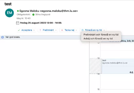 Skärmdump från Outlook kalender: föreslå en ny tid